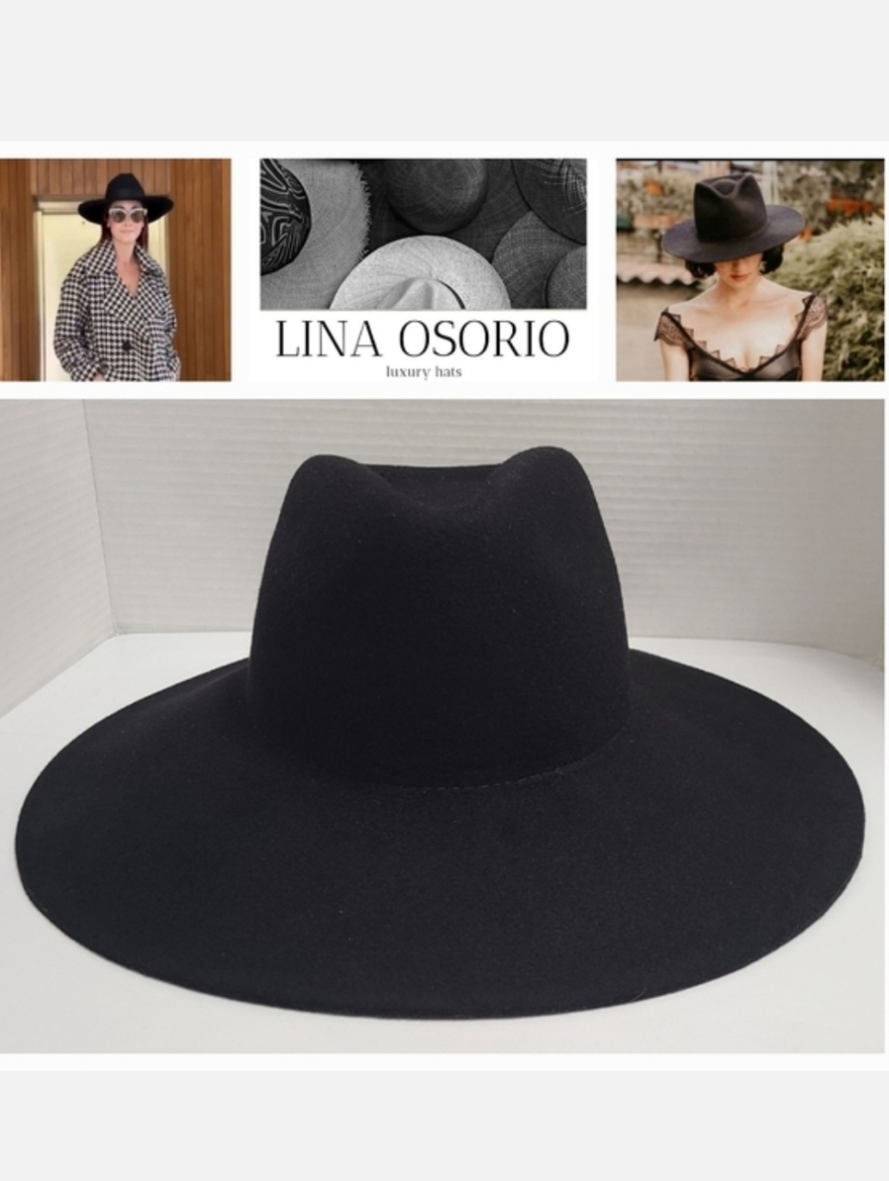LINA OSORIO Handmade Black Wool Felt Fedora Hat - Picture 12 of 12